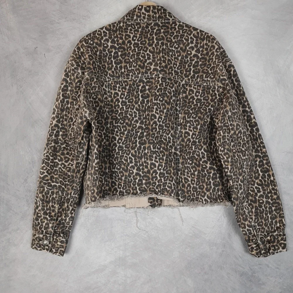 Free People Jacket Womens Large Brown Leopard Denim Raw Hem Cropped Trucker - Picture 12 of 16